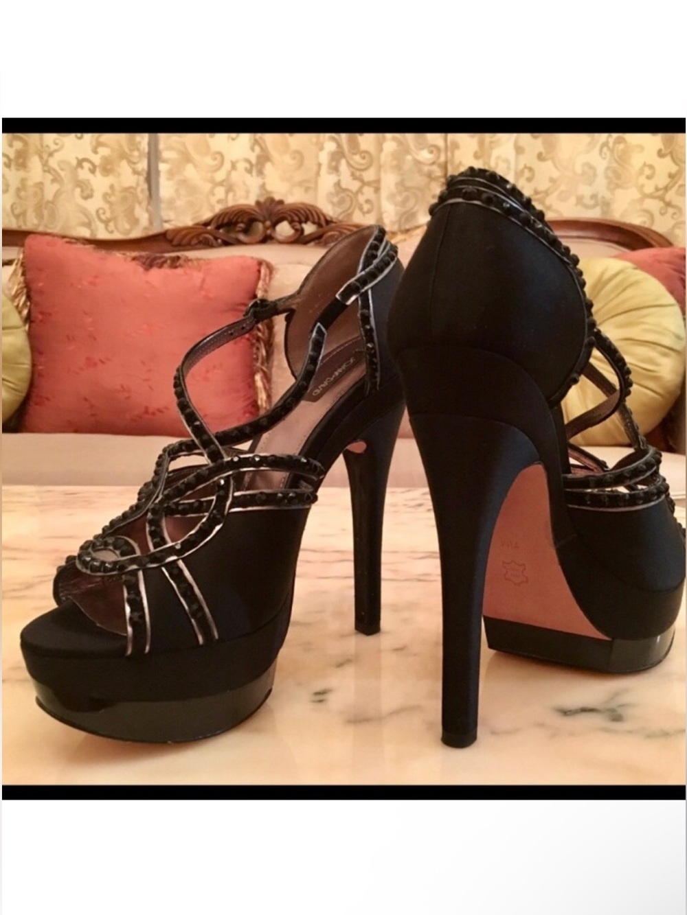 JOAN & DAVID Black Satin Leather Studded Black Strappy Vicky Pump Sz.7.5
